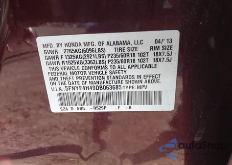 2013 Honda Pilot Ex from USA, damaged, VIN 5FNYF4H49DB063685